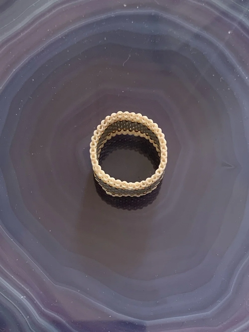 Maasai Beaded Ring Wide – Cream Grey & Gold Handmade woven mesh ring NEW